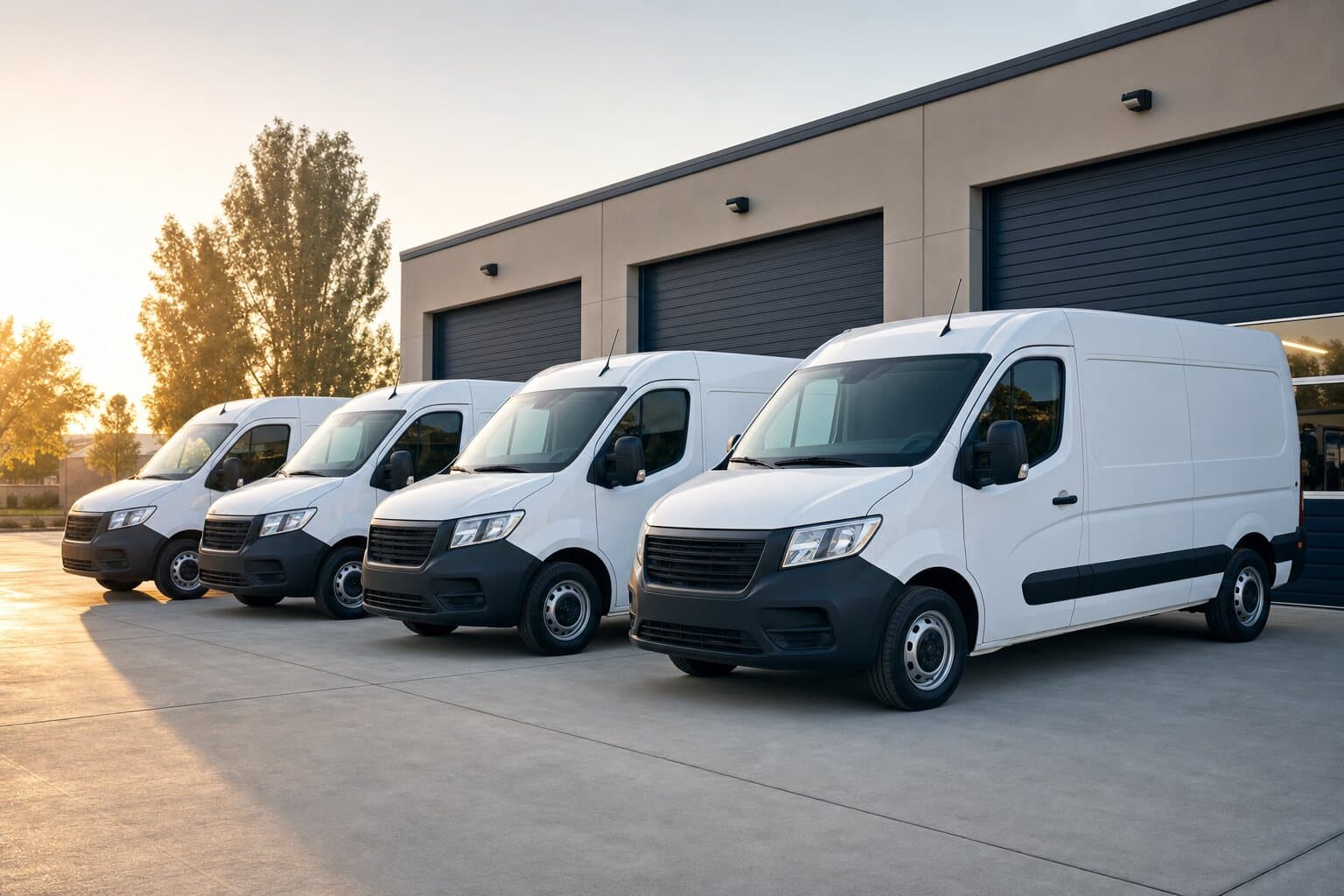 Fleet of clean commercial vans ready for daily business routes