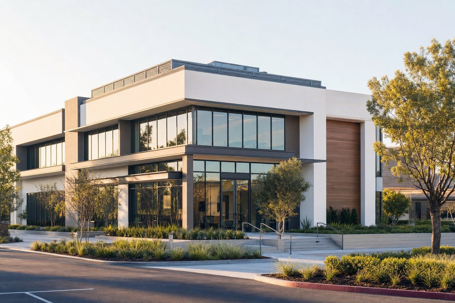 Modern commercial building in California viewed in warm daylight