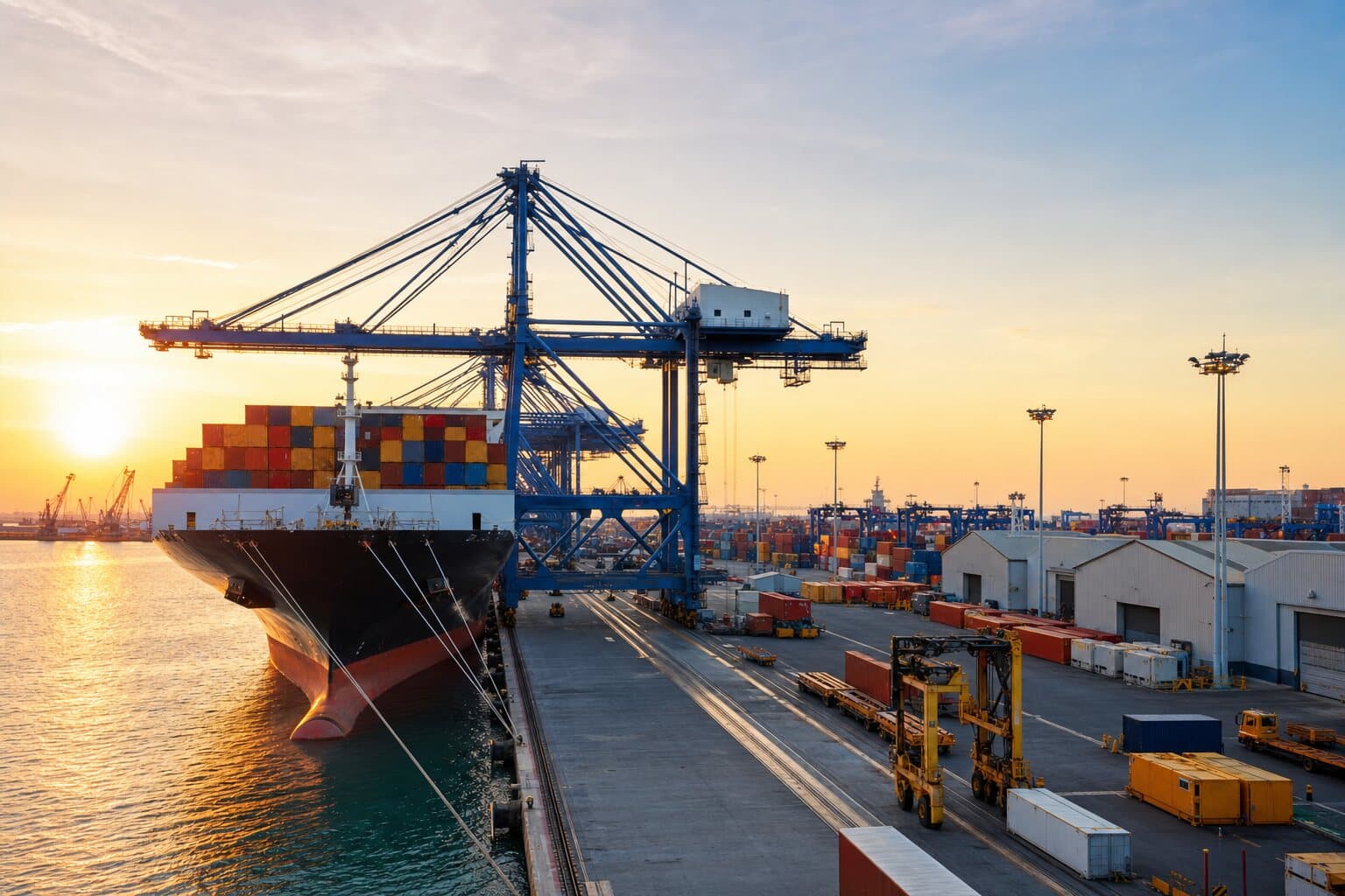 Terminal de carga al atardecer que representa riesgos comerciales complejos