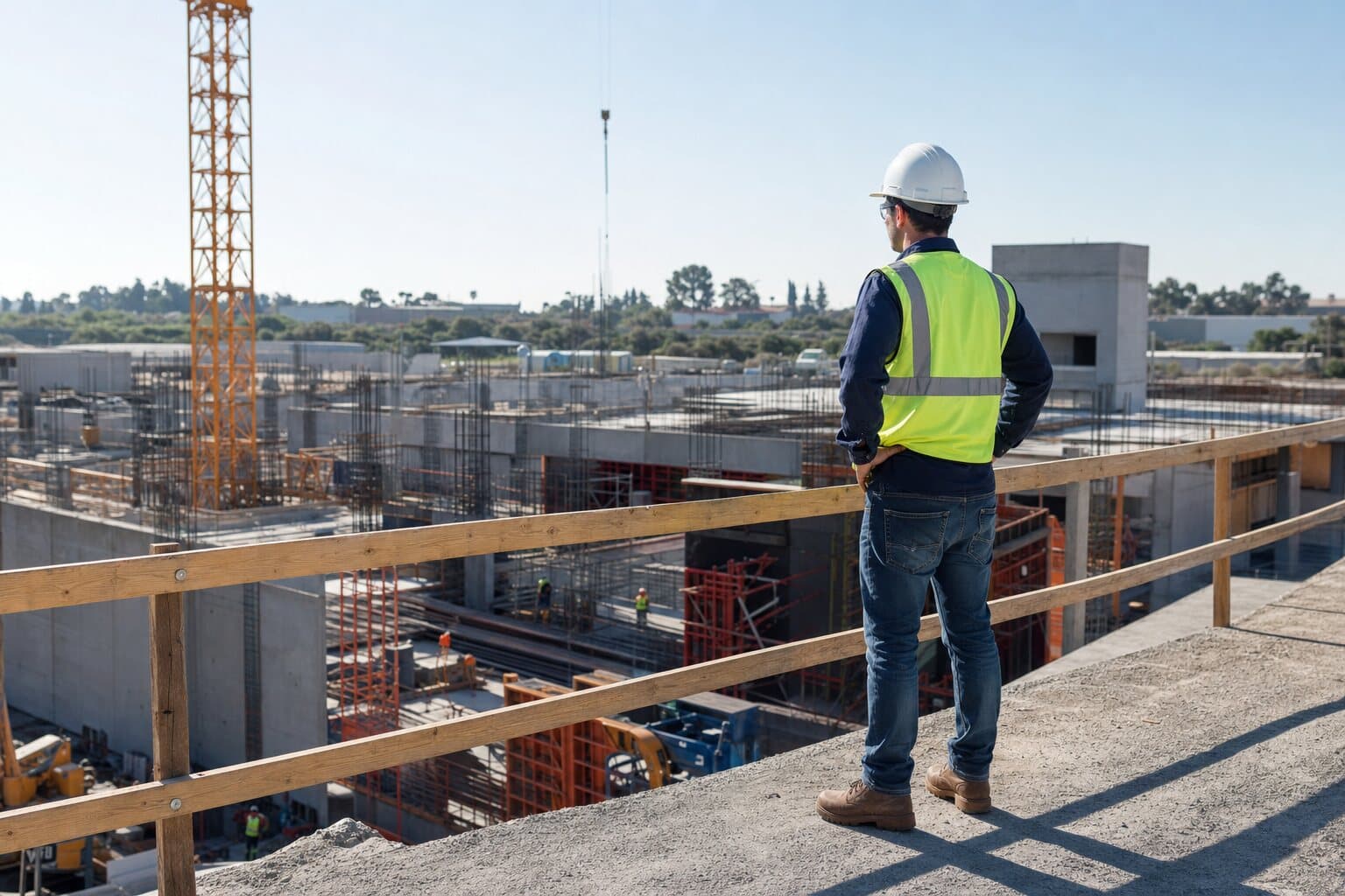 Equipo de construcción con protección de seguridad preparándose para trabajar