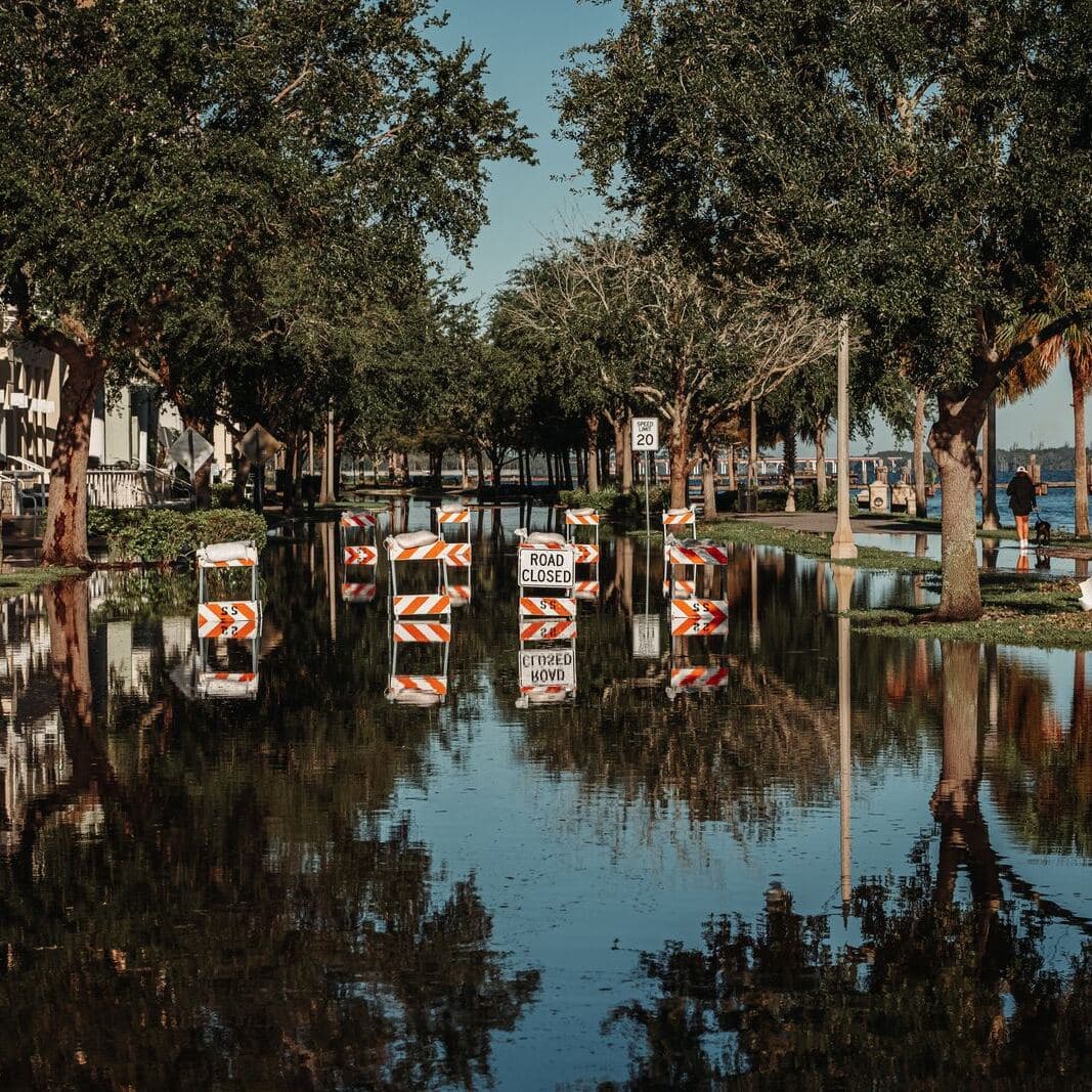 Road barriers on a flooded street