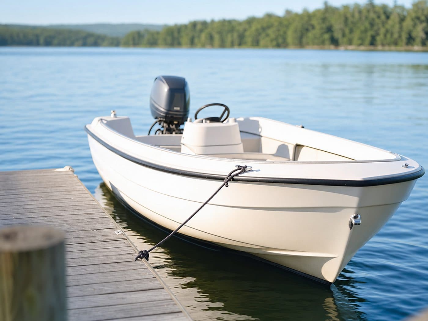 A small motorboat tied to a lake dock, the kind of boat a boat policy insures