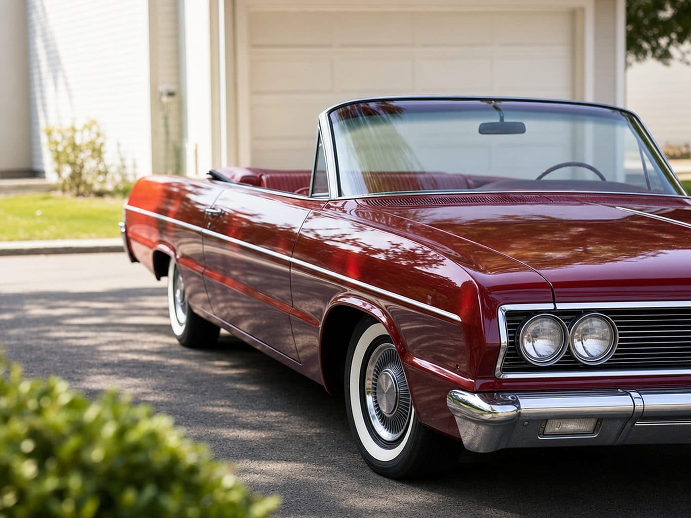 A red classic convertible in a driveway, a collector car insured for its agreed value
