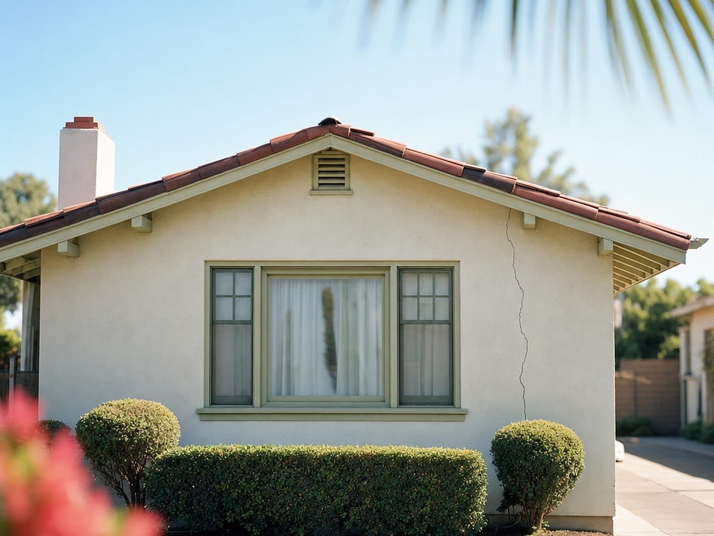 A stucco house with a crack running down its wall, damage earthquake insurance covers and homeowners policies exclude