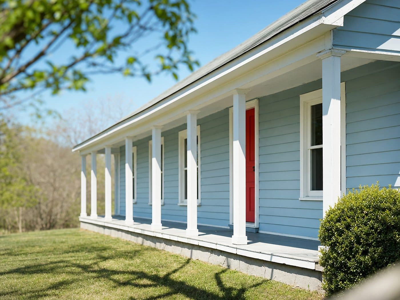 A light blue house with a long covered porch, a home a homeowners policy insures