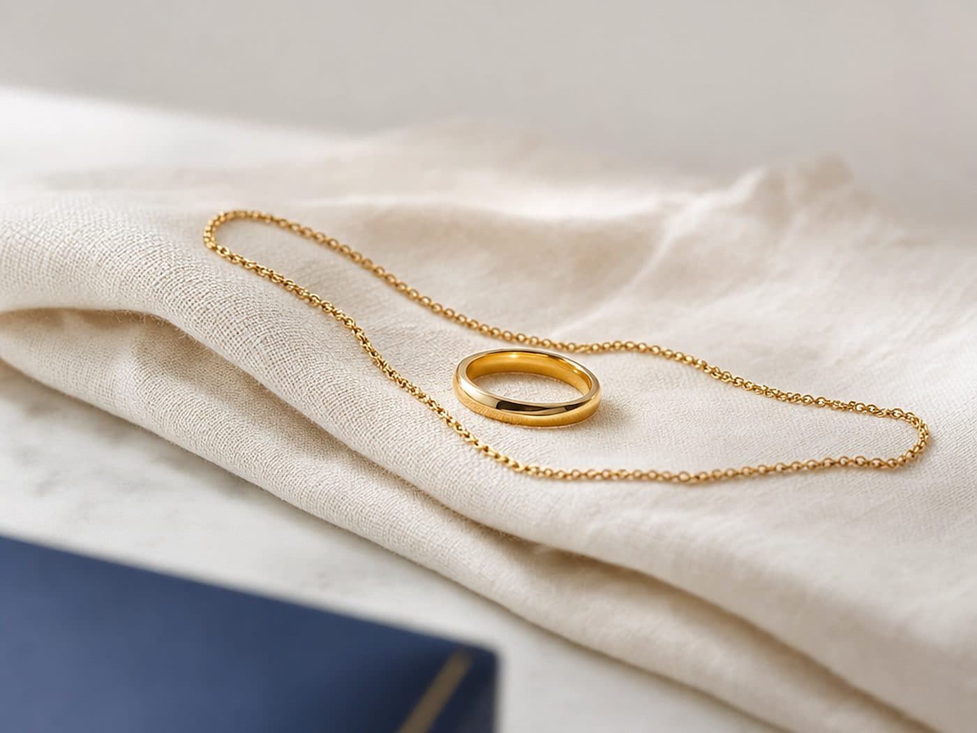 A gold ring and chain on linen, jewelry a scheduled jewelry policy insures