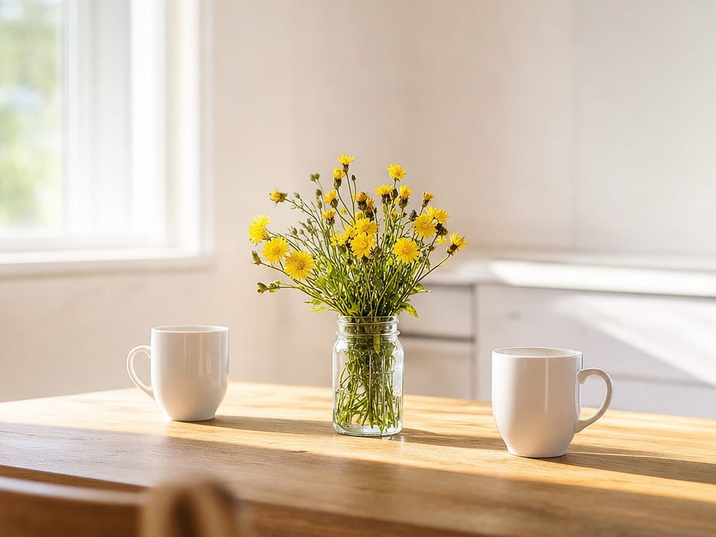 Two mugs and a vase of flowers on a kitchen table, the household a life insurance policy supports