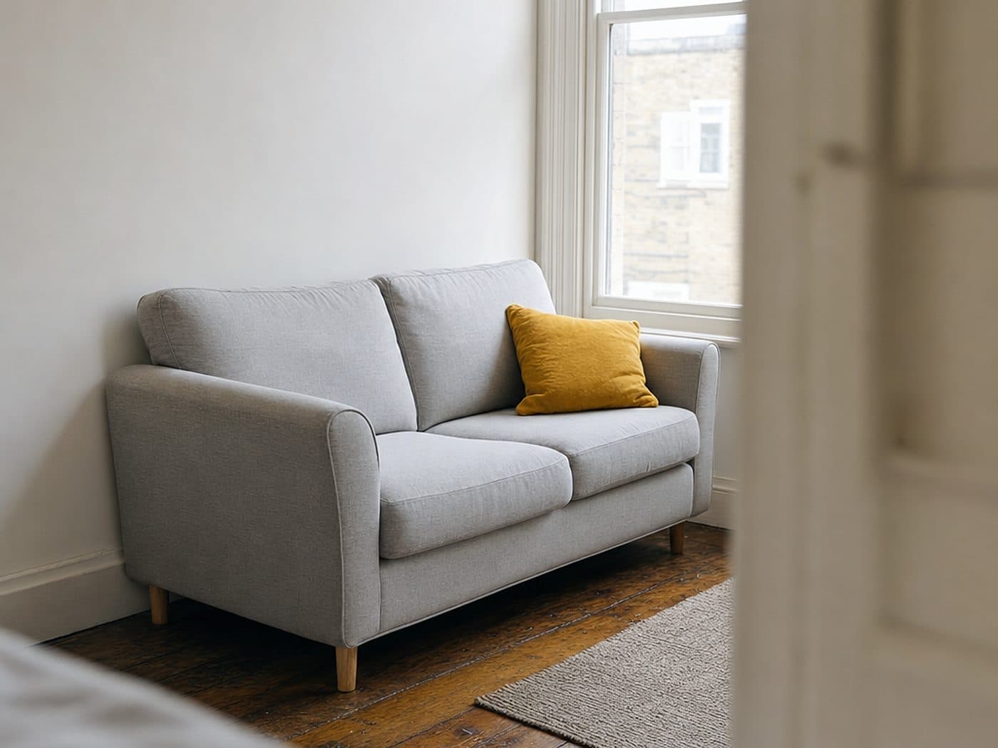 A gray sofa in a rented apartment, belongings a renters policy covers