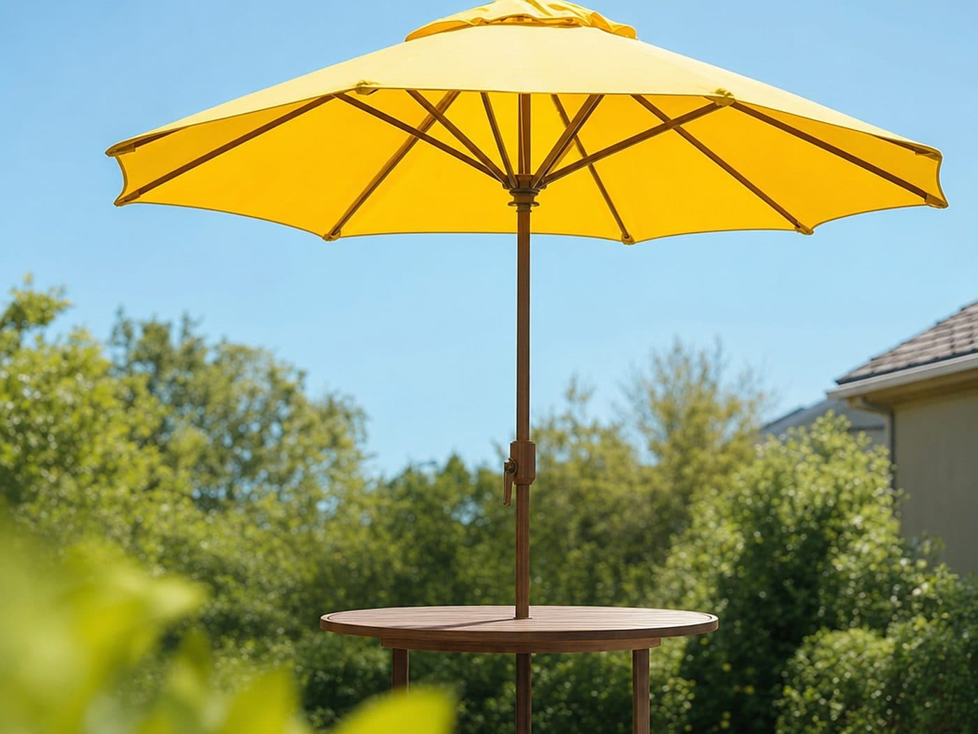 A yellow patio umbrella in a backyard, a home where personal umbrella insurance adds liability limits